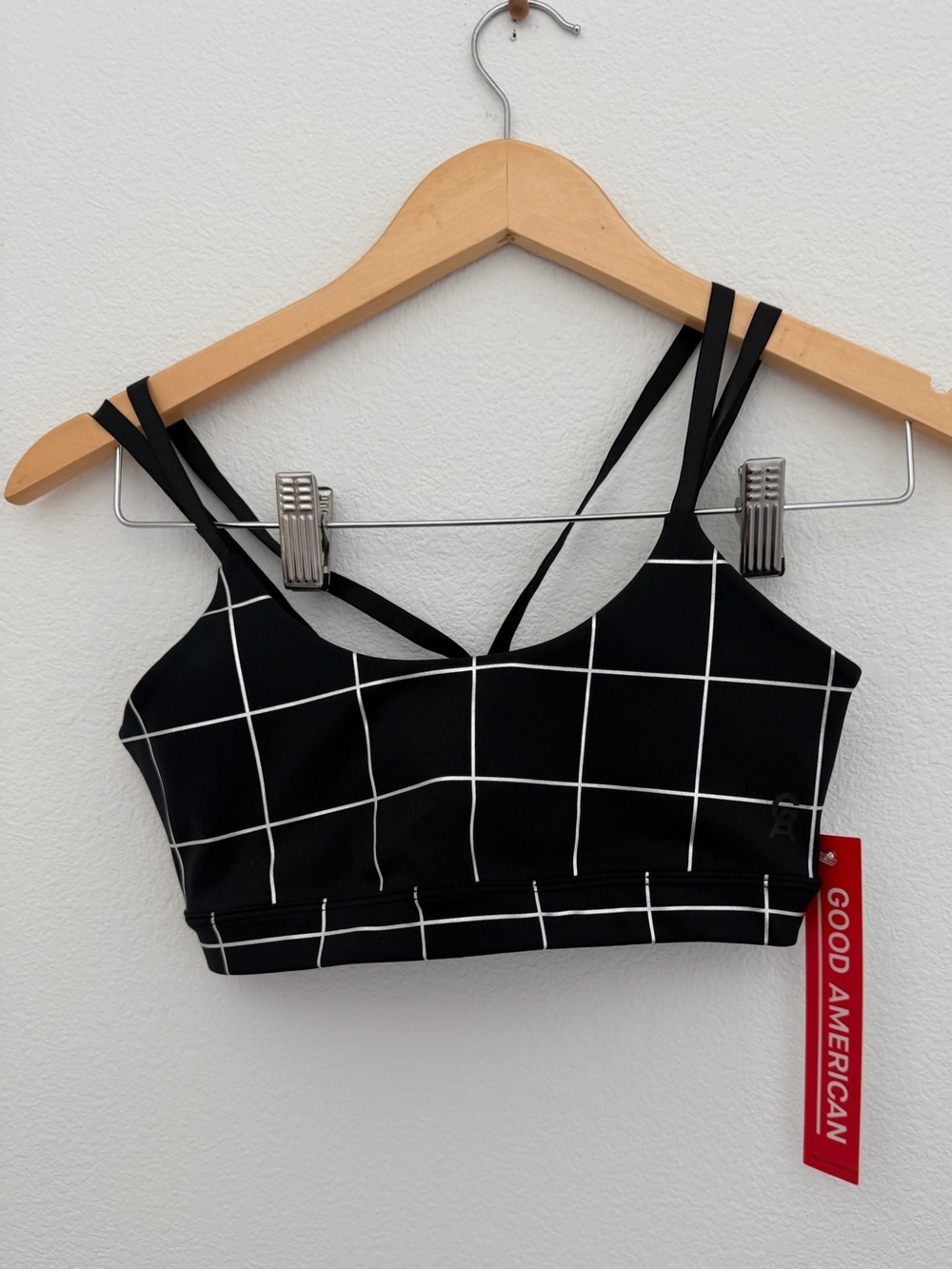 Good American Black Silver Grid Foil-Print Sports Bra 1/S  NEW